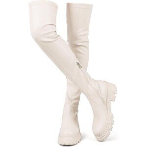 Women Beige Synthetic Comfortable Lug Sole Thigh High Over The Knee High Boot